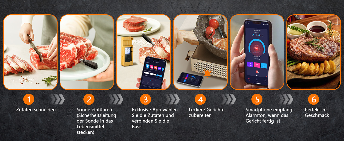 Бездротовий термометр для м'яса AIRMSEN з LCD-дисплеєм, водонепроникний (IPX8), для приготування на грилі, в духовці та BBQ, Bluetooth, 150м, керування через додаток, керамічна ручка, для гриля, духовки та BBQ, колір: дерево