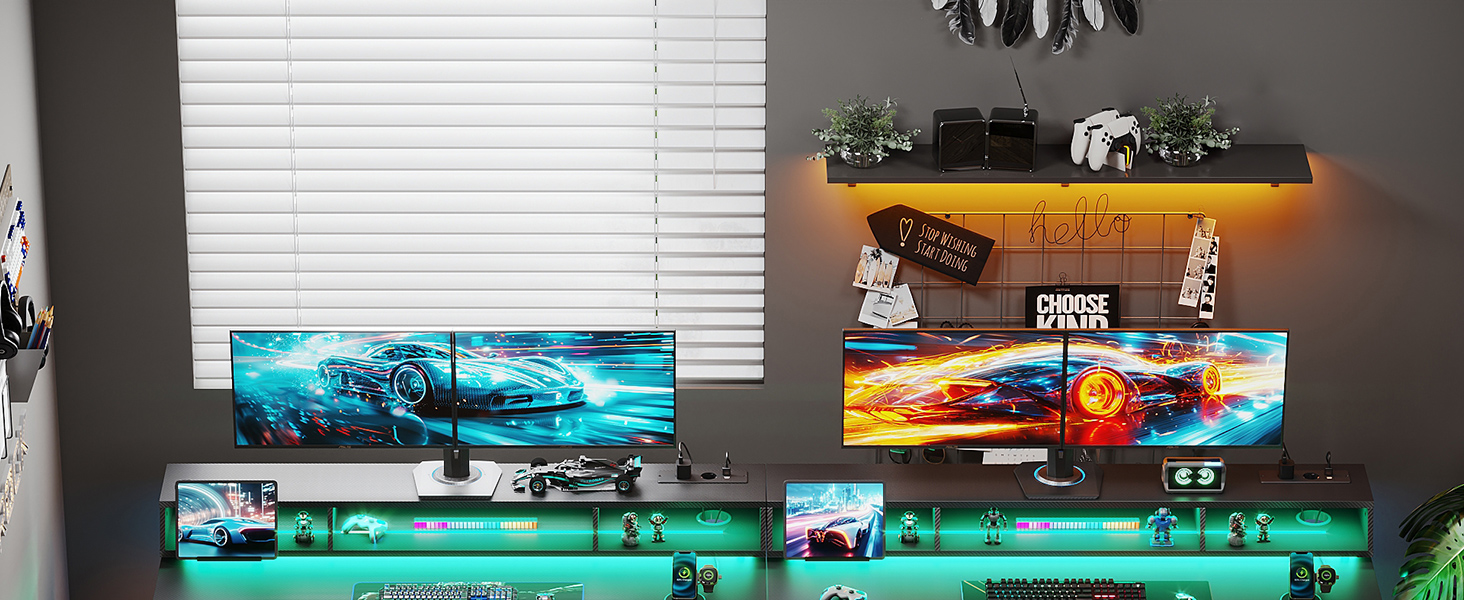 Офісний стіл для геймінгу OffiGo, 140 см, регульована висота, RGB LED, розетки, 3 полиці, тримач для напоїв та навушників, стільниця з карбону, білий (чорний)