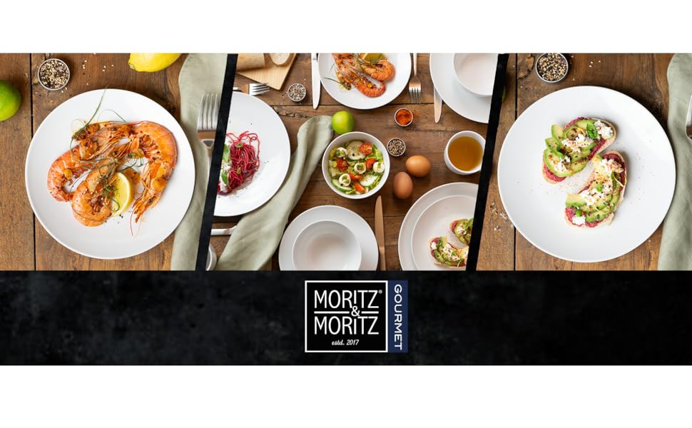 Набір посуду Moritz & Moritz BASIC 18 предметів на 6 осіб - сучасний дизайн, якісне порцелянове покриття, класичний білий колір. В комплекті: 6 великих тарілок, 6 десертних тарілок, 6 салатників.