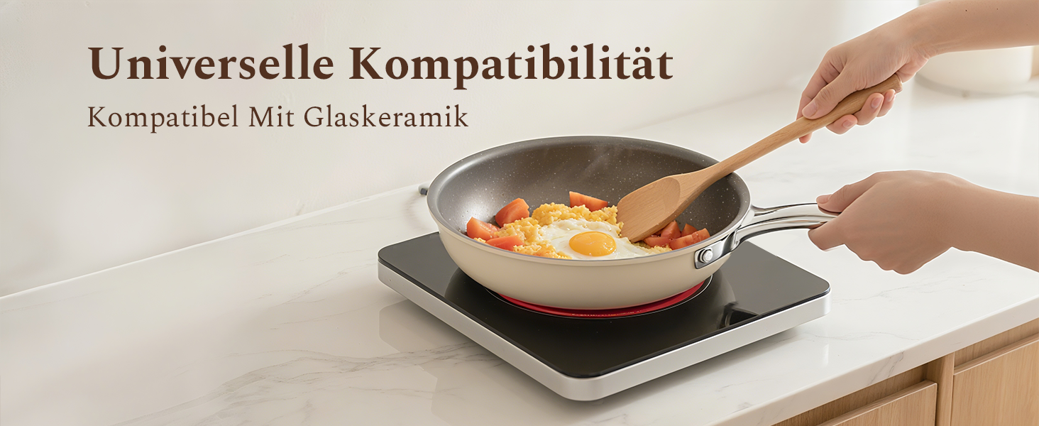 Набір сковорідок Koch Kode: керамічні сковороди 20, 24, 28 см з нержавіючою ручкою, індукційне дно, без PTFE та PFOA, придатні для миття в посудомийній машині та випікання, бежевий колір