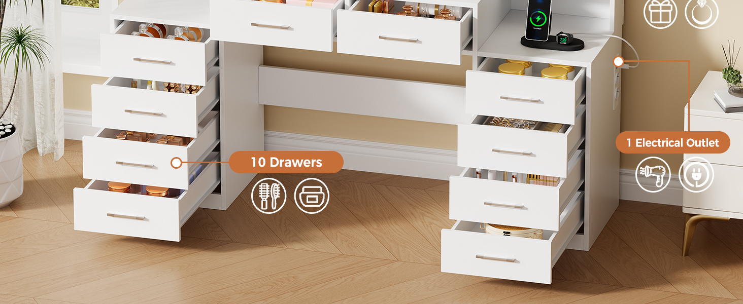 Трюмо BEWISHOME з дзеркалом, регульованою LED-підсвіткою та розетками, 10 шухлядами, 5 полицями, гачками та органайзером для прикрас, сучасний дизайн, білий колір, EFST52W