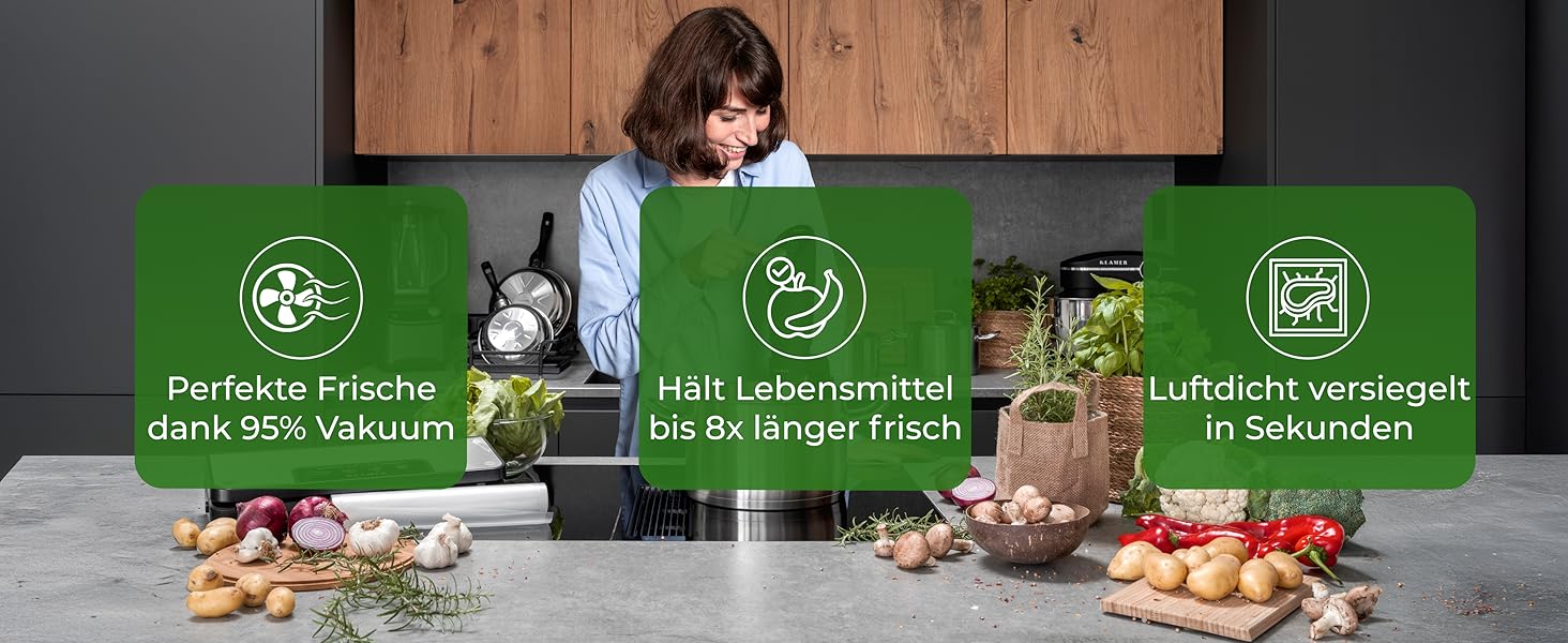 Вакууматор KLAMER Vakuumierer Pro 80 (2025) для сухих та вологих продуктів, для Sous Vide, сріблястий, з пакетами та шлангом