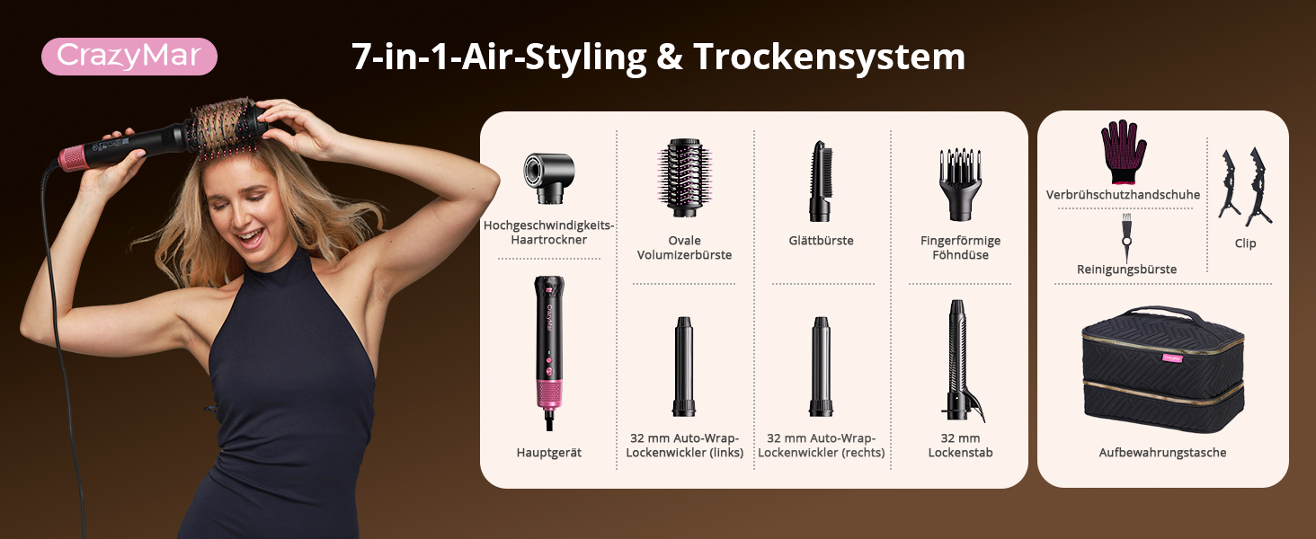 CrazyMar Airstyler 7-в-1: Фен-щітка з іонізацією, автоматичний стайлер для волосся, випрямляч та плойка (чорний)