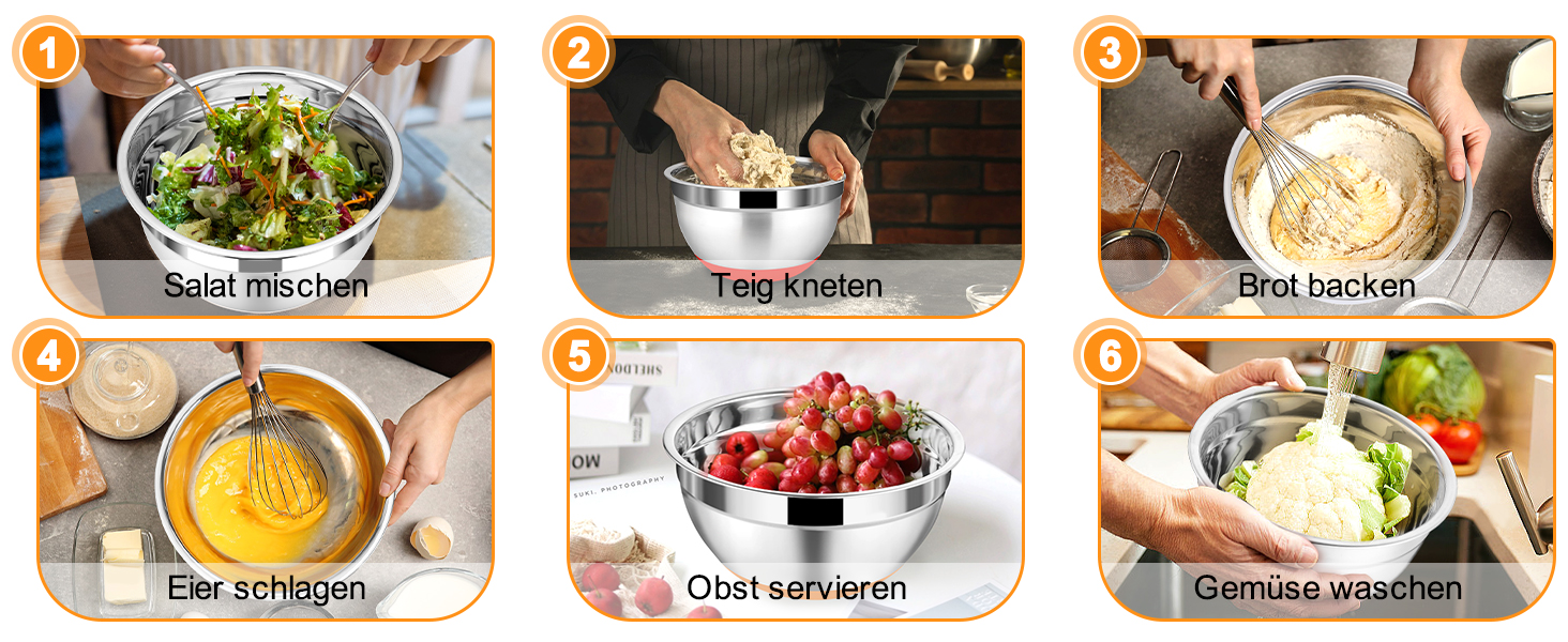 Набір мисок Onader з нержавіючої сталі: салатники з кришкою та 3 терками для кухні. Об'єм: 4л, 2.8л, 2.5л, 1л, 1.2л, 0.7л. Складається з 6 мисок, можна складати та мити в посудомийній машині.