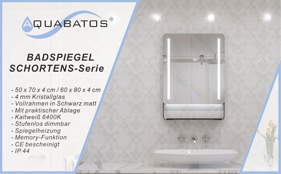 Дзеркало для ванної кімнати AQUABATOS LED 50x70 см з підсвічуванням, сенсорне керування, 6400K, IP44, CE, енергозберігаюче