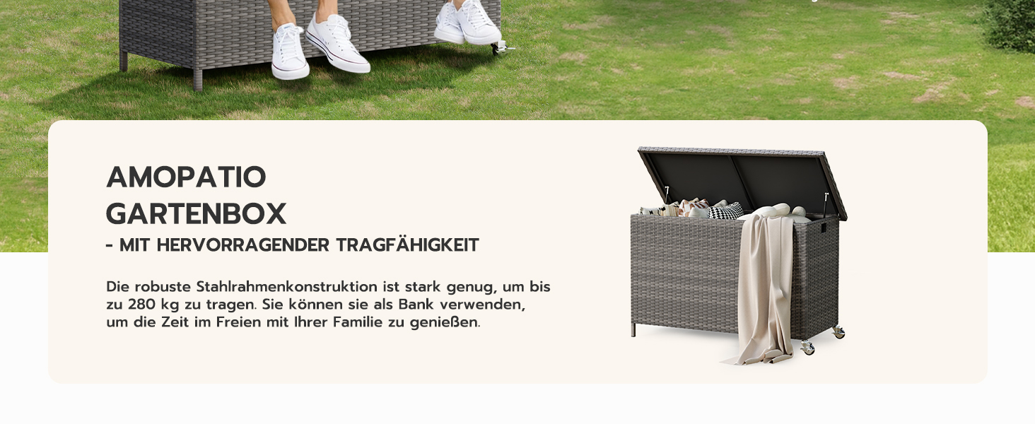 Водонепроникний садовий ящик Amopatio Gartenbox 480л з поліротангу, металевий ящик для подушок на колесах з газліфтом для саду та балкону, сірий