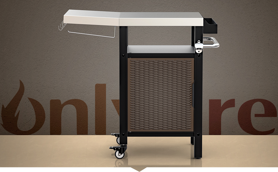 Столик для гриля Onlyfire, візок для барбекю з великою робочою поверхнею, з відкидними бічними полицями, з нержавіючої сталі, 143.5 x 56 x 91 см, двостулковий