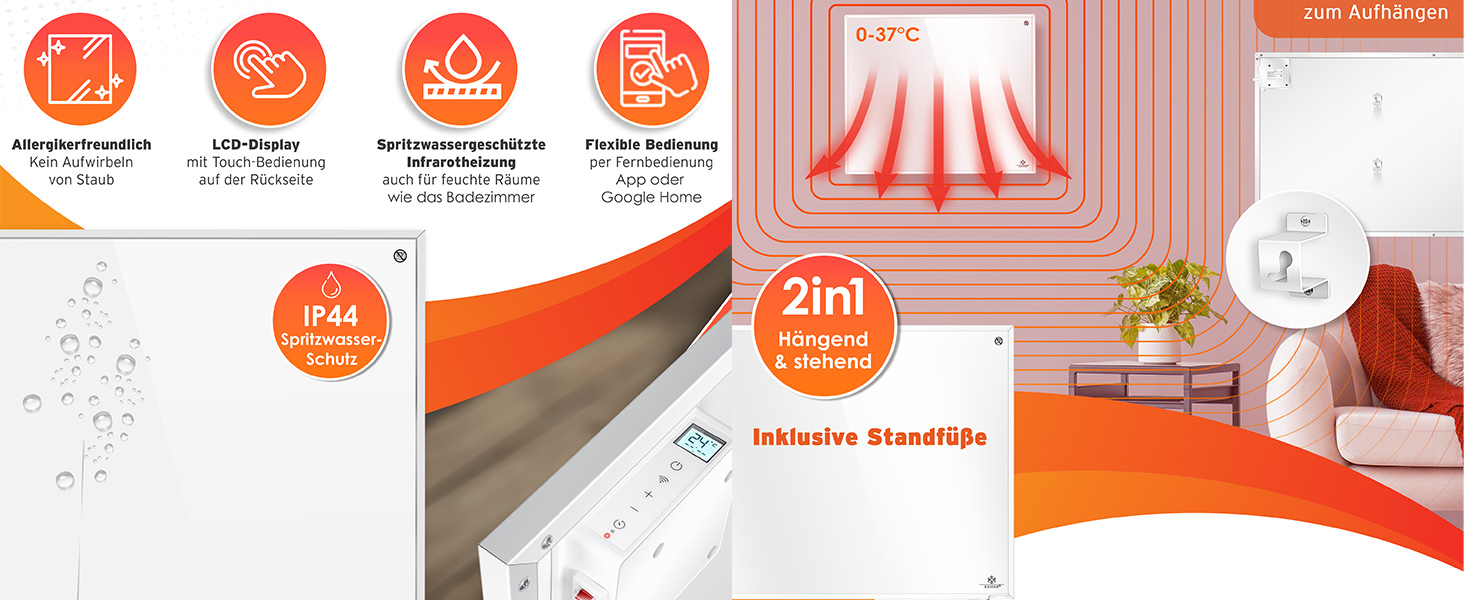 Інфрачервовий обігрівач KESSER® 350W: підлоговий/стінний, з пультом, термостатом та керуванням через додаток. Економія енергії, білий.