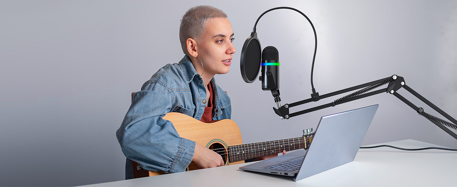 TECURS Мікрофон USB для ігор з RGB підсвічуванням, шумозаглушенням та студійним звуком – для стрімінгу, подкастів, PC, Mac, PS4, консолі, чорний