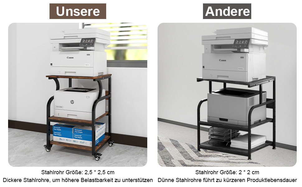 Регульований стіл для принтера PUNCIA з 3 ящиками та колесами. Мобільний візок для принтера з дерева та металу (60 x 50 см, Retro)