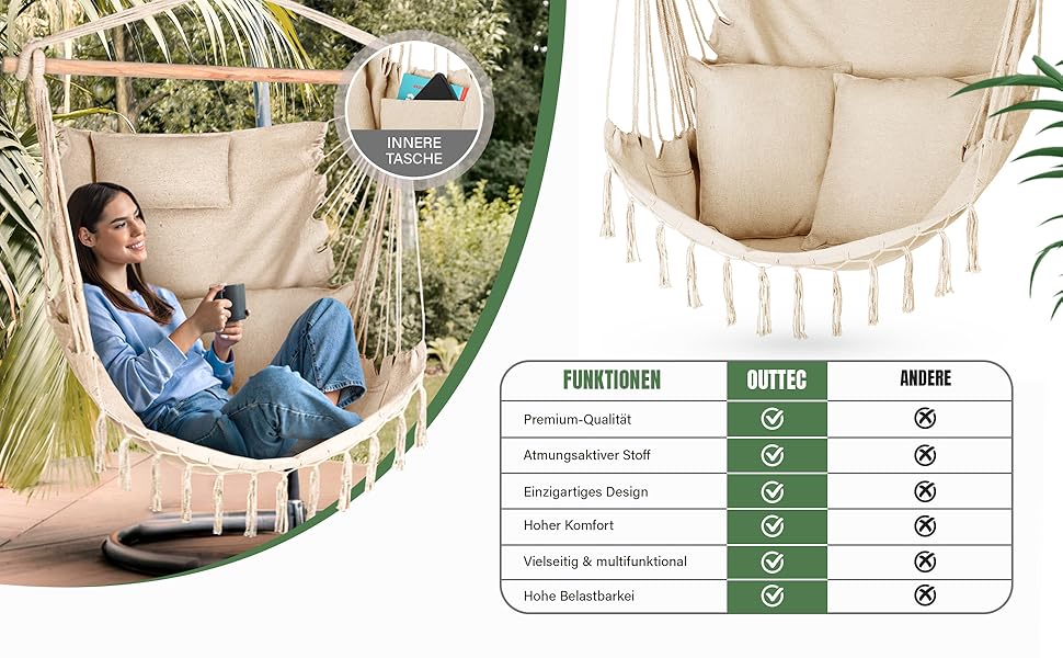 Гамак-крісло з подушкою 100x130x75 см, до 150 кг, для саду та дому, бохо-стиль, для дорослих (Бежевий)