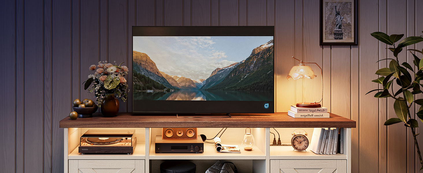 Тумба під ТВ Coleshome з розетками, USB, LED, 4 відкриті полиці та 2 шухляди, 150x35x65 см, білий та горіх
