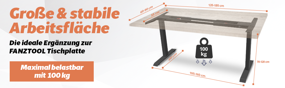 Електричний столовий стіл FANZWORK з 2 Bosch-двигунами, вантажопідйомність 100 кг, регулювання висоти, пам'ять, USB-C, кабель-менеджмент, чорний