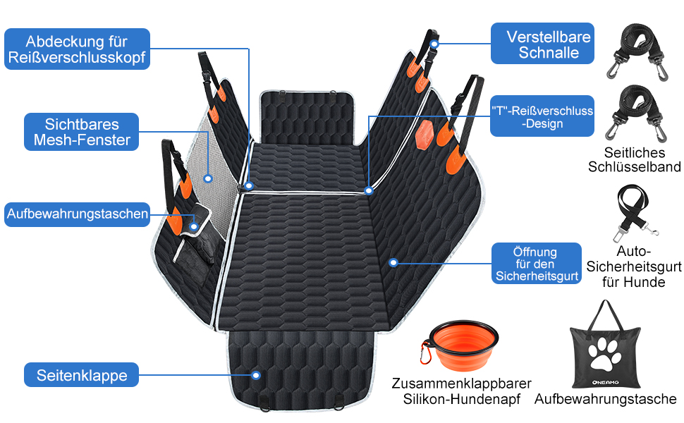 Ковдра для собак OneAmg для заднього сидіння автомобіля Автомобільна ковдра для собак з оглядовим вікном, бічним захистом і ременем безпеки стійка до подряпин водонепроникна Нековзна універсальна Автомобільна ковдра для собак заднє сидіння чорний