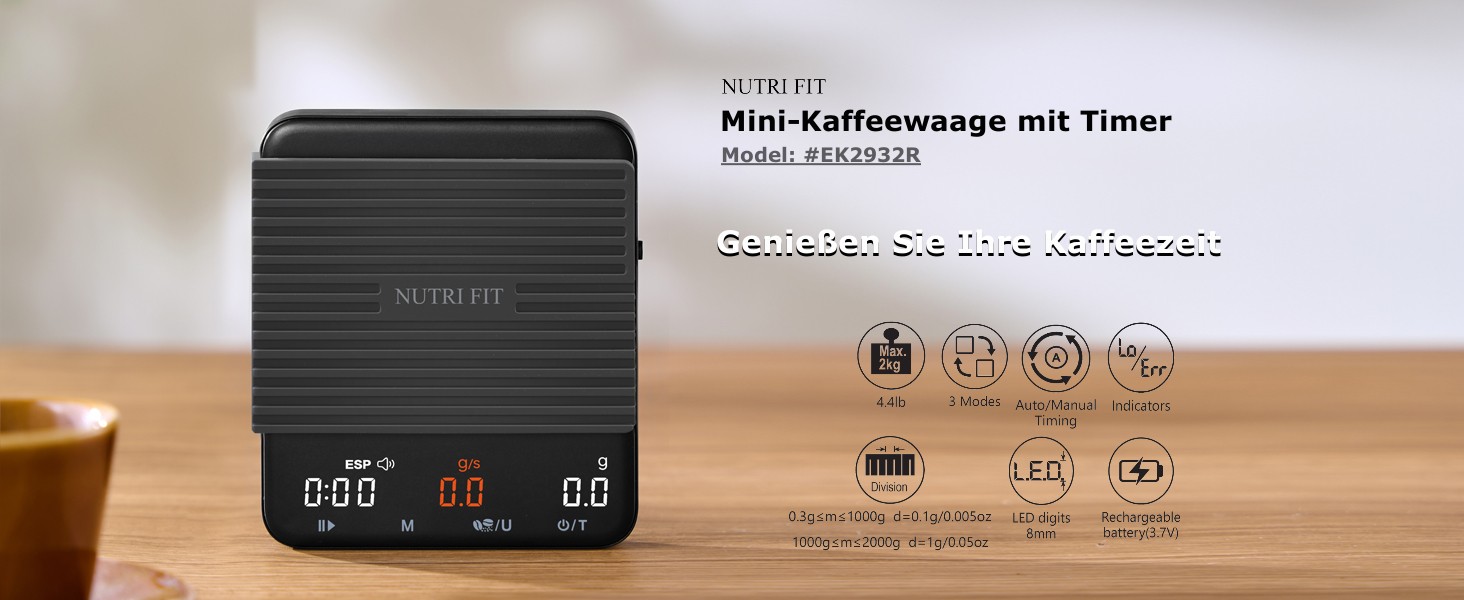 Ваги для кави NUTRI FIT Mini з таймером, USB-C, LED-дисплеєм, 2 кг/0,1 г, чорний