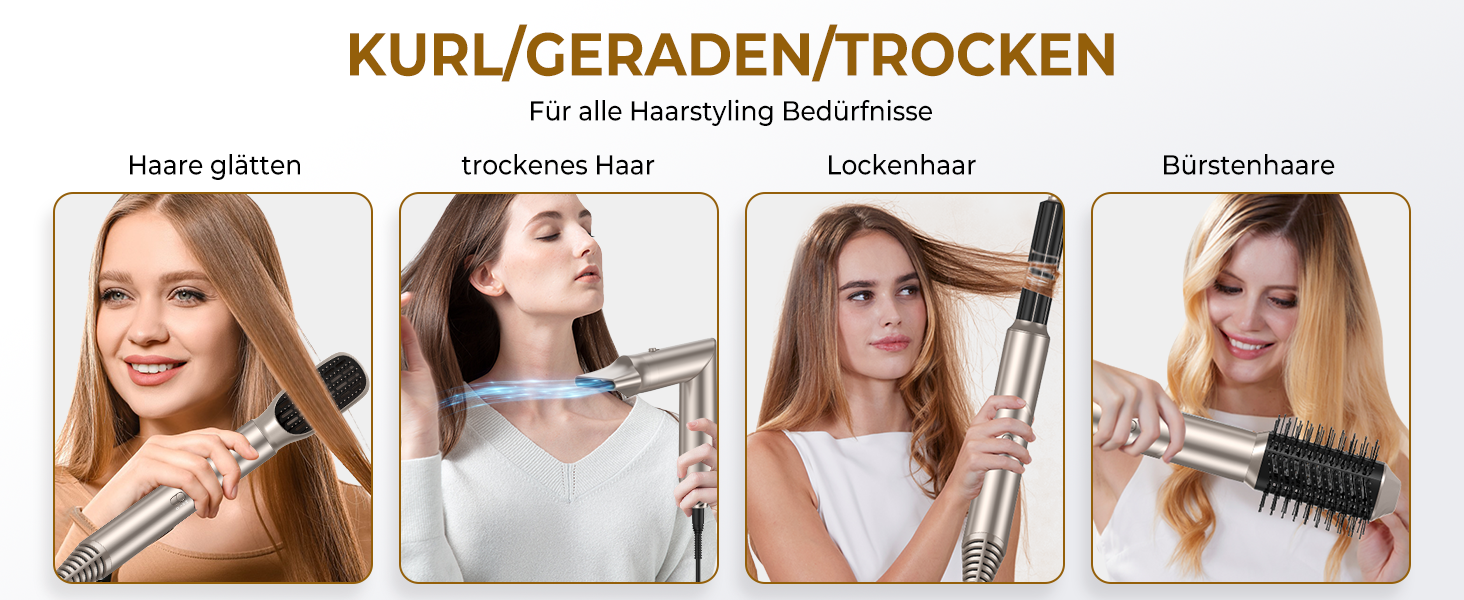 UKLISS Airstyler 5-в-1: Фен-щітка, стайлер для волосся з іонізацією, випрямляч, плойка для локонів, насадки для укладання. Золото-білий колір