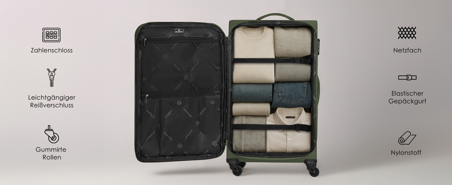 Набір валізак Smartbox (3 шт.) для жінок та чоловіків | Легкі та міцні валізи-ролери, розширювані, з кодовим замком, 4 колеса, чорний колір