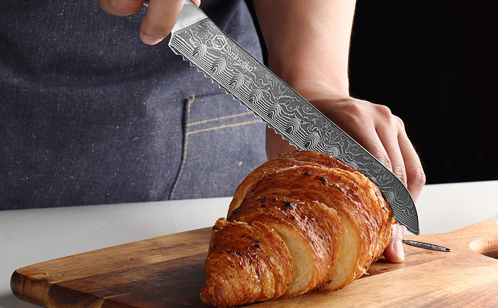 Ніж Sunnecko Дамаск - кухонний ніж з високоякісної сталі Дамаск. Багатофункціональний кухонний ніж для дому та кухні з ергономічною ручкою (8 дюймів, ніж для хліба)