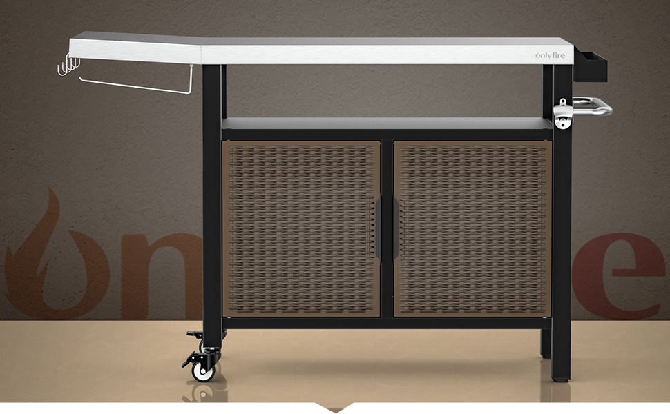 Onlyfire Grilltisch: Робочий стіл для гриля з великою поверхнею, візок для сервірування з колесами, гриль-стіл з відкидними боковими полицями, стільниця з нержавіючої сталі, візок для барбекю, 143.5 × 56 × 91 см, двостулковий