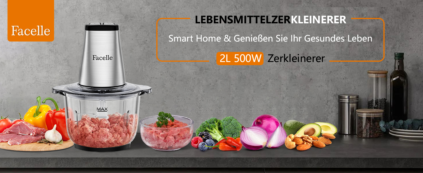 Електричний подрібнювач для кухні Facelle: м'ясорубка, подрібнювач 2L, кухонний комбайн 500W зі скляною чашею та 4 лезами для м'яса, овочів, фруктів, горіхів, дитячого харчування