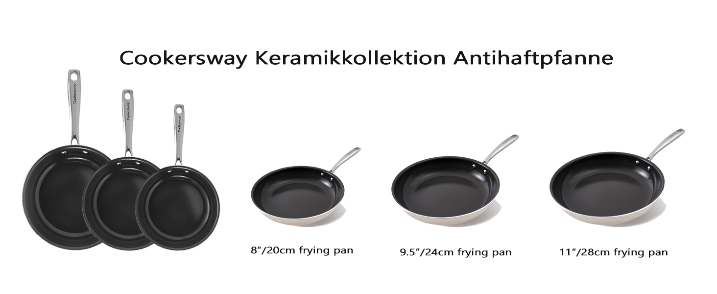 Набір каструль Cookersway: 20, 24, 28 см, керамічне покриття, без PTFE, PFOA, PFAs, для плити та духовки