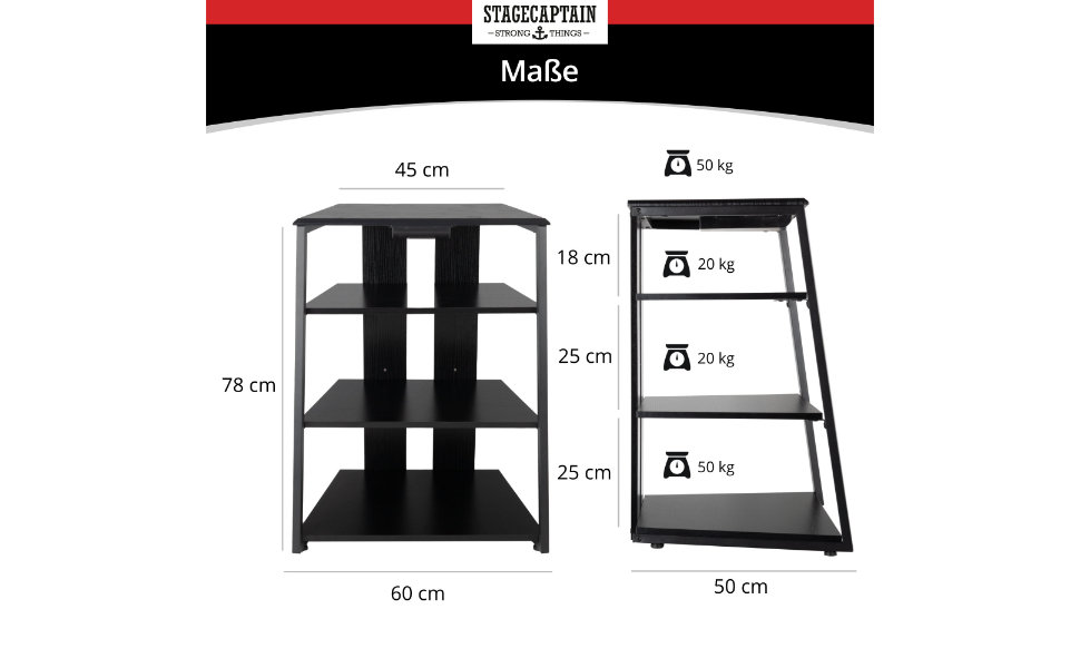 Регульована стійка Stagecaptain для Hi-Fi обладнання з 4 рівнями, чорне дерево, сталевий каркас, витримує до 50 кг