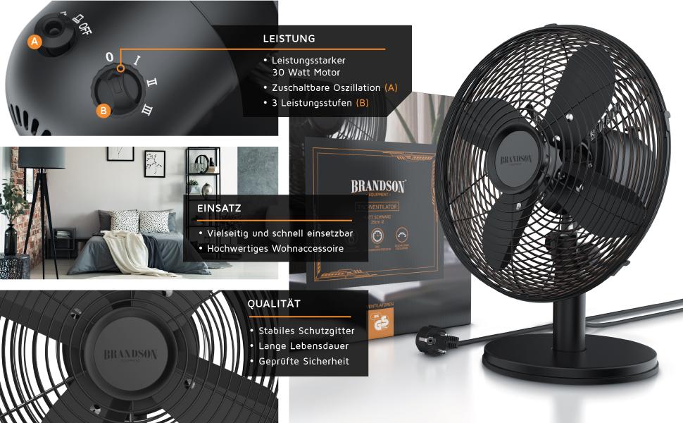 Вентилятор настільний Brandson мідний, 3 швидкості, з коливанням 80°, металевий корпус, чорний матовий