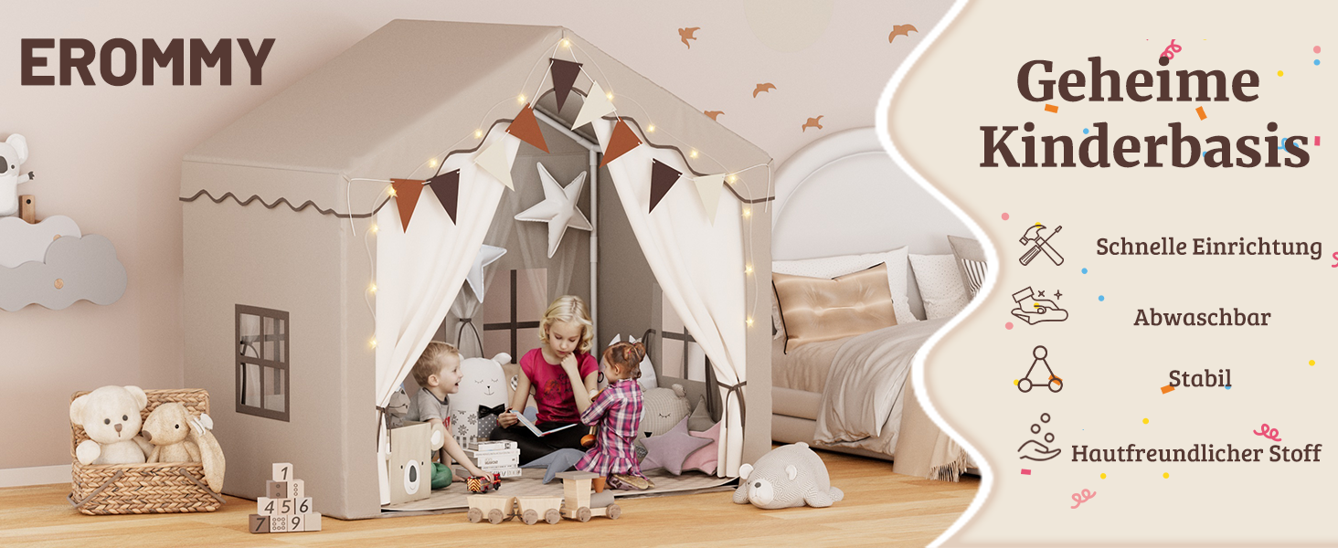 Дитяче намет-будиночок EROMMY 2-в-1 з килимком, прапорцями та світлодіодними смугами, двостулковими дверима, даховим вікном, для дому, вік 3+, коричневий
