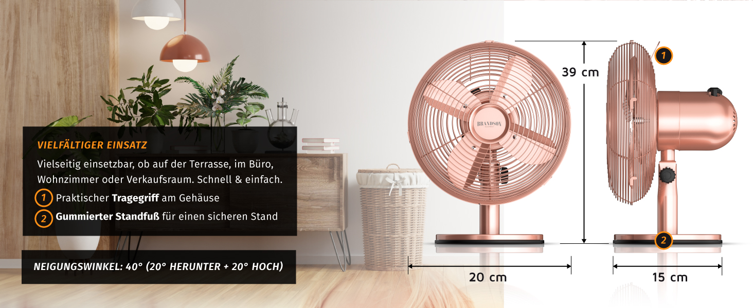 Вентилятор настільний Brandson мідний, 3 швидкості, з осциляцією 80° та нахилом 40°, металевий корпус (Рожеве золото)