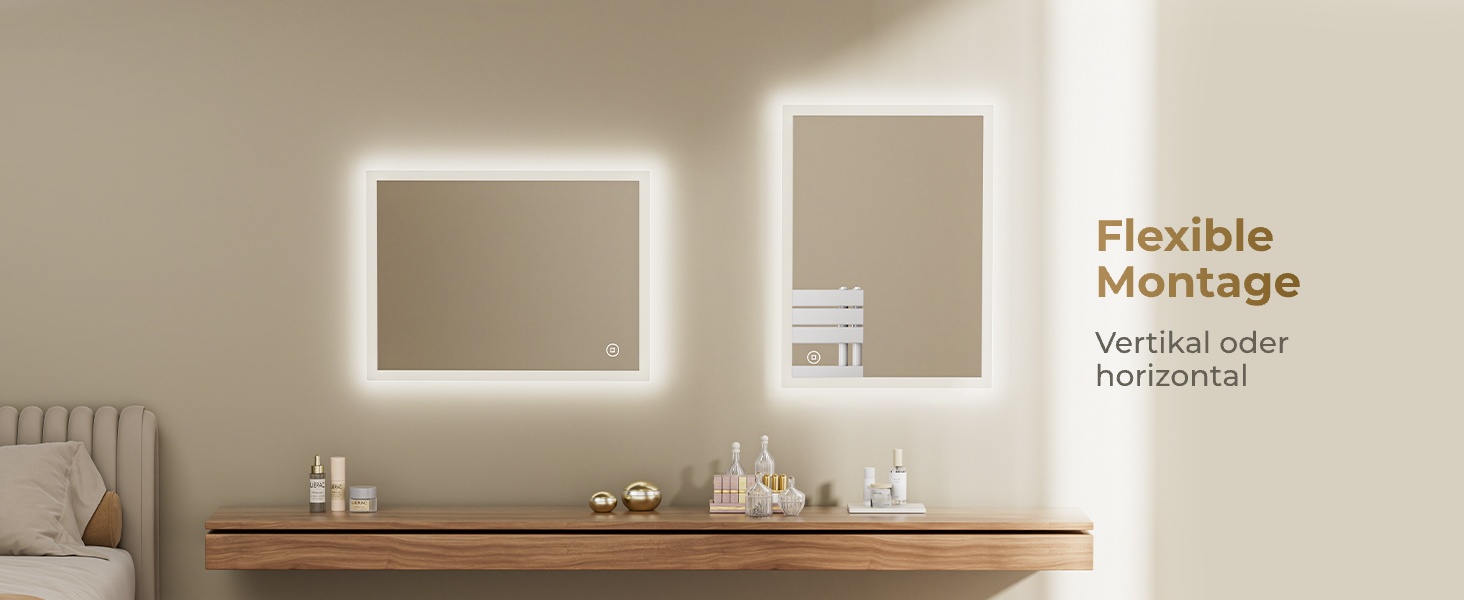 Дзеркало для ванної кімнати з підсвічуванням LED, 70x50 см, регульоване світло 6500K, сенсорне керування, вертикальна/горизонтальна установка