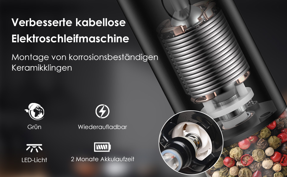 Електричний набір млинів для солі та перцю, керамічний подрібнювач, LED, Type-C, одноручний, включаючи аксесуари, чорний