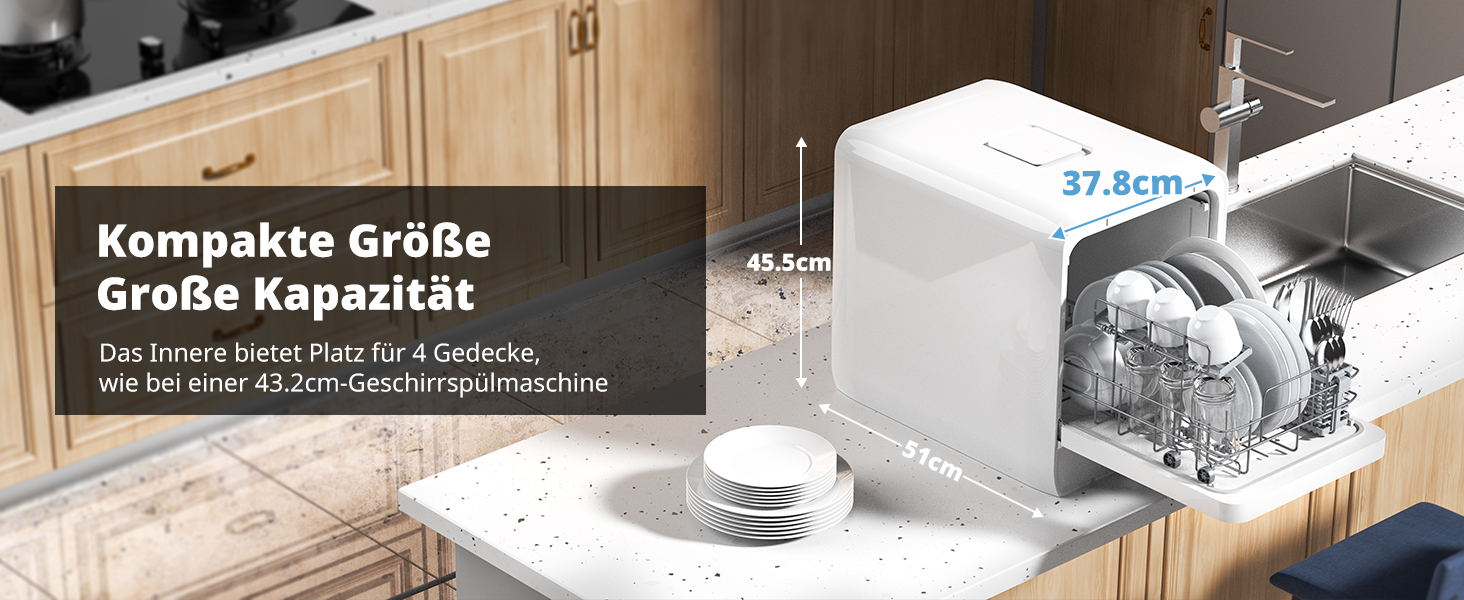 Мийка посуду AIRMSEN Mini для столу з резервуаром для води, ополіскувачем, 9 програм, 37*50 см, ультра-вузька, таймер 1-24 год, 360° подвійний розпилювач, шланг/без шланга, білий