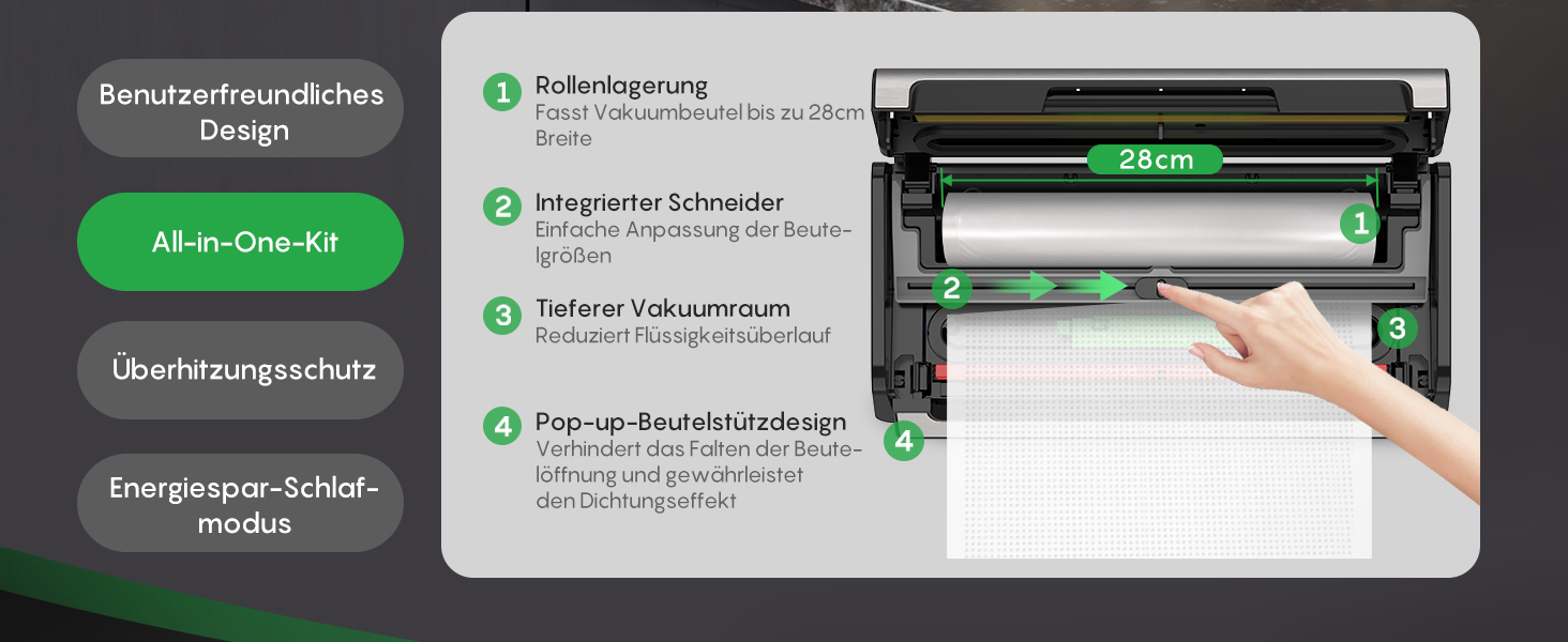 Вакууматор FRESKO Automatik для продуктів з турбо-режимом (15л/хв), автоматичний вакуумний пакувальник, 2 рулони в комплекті