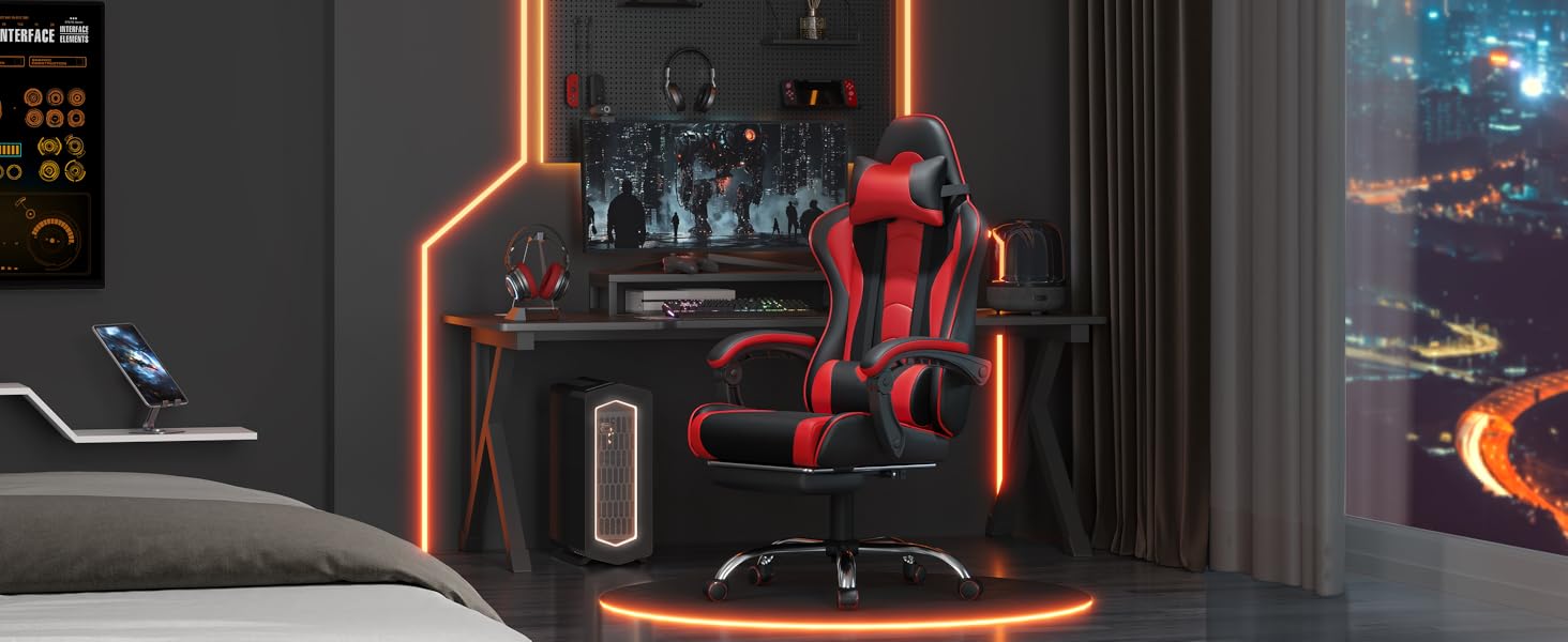 Ігровий крісло Yaheetech з масажем, регульована спинка 90-135°, комп'ютерне крісло з підніжкою, білий/червоний