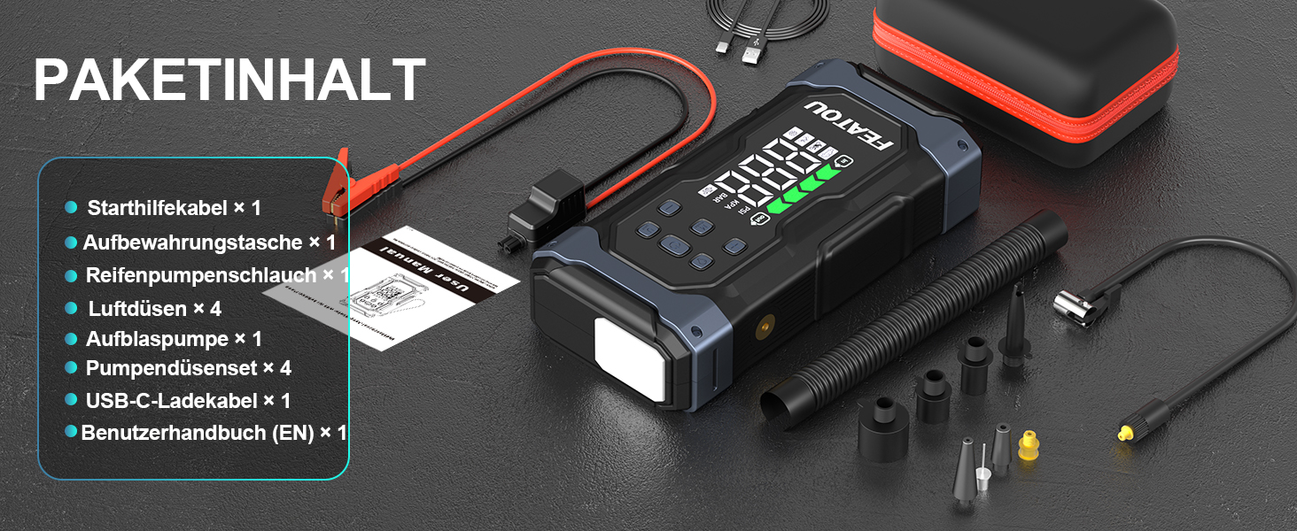 Powerbank з компресором Starthilfe 6500A: акумулятор для автомобіля 12V з повітряним насосом, стартер-бустер (9.0L бензин/8.5L дизель), LED 500 Lumen (чорний), піковий струм 7000A