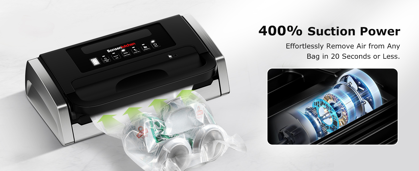 Вакууматор Bonsenkitchen для продуктів, потужний вакуумний пакувальник 15л/хв, з інтегрованим різаком та ручкою-фіксатором, чорний (комплект з 100 пакетами)