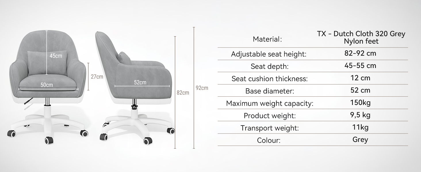 Крісло Aivermeil для офісу та дому: м'яке, з підголовником, обертове, регульоване по висоті, ергономічне, до 120 кг (сірий)