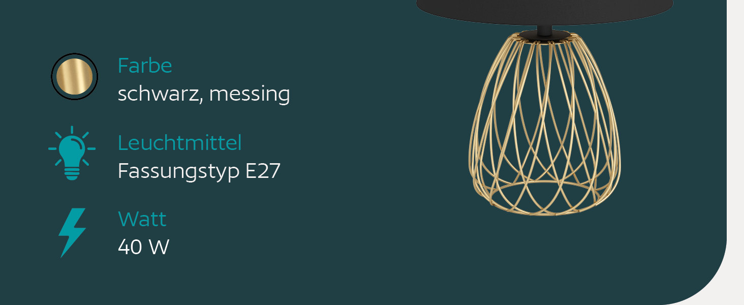 Торшер EGLO JAZMINIA – вінтажний торшер 45 см, чорний та латунь, тканинний абажур, ретро дизайн, метал, патрон E27, LED сумісний, вимикач на кабелі