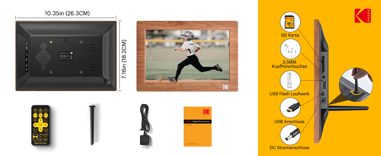 Цифровий фотоальбом KODAK 10 дюймів з пультом, без Wi-Fi, IPS-дисплей 1280x800, відтворення фото/відео/музики, USB/SD, дерев'яний корпус