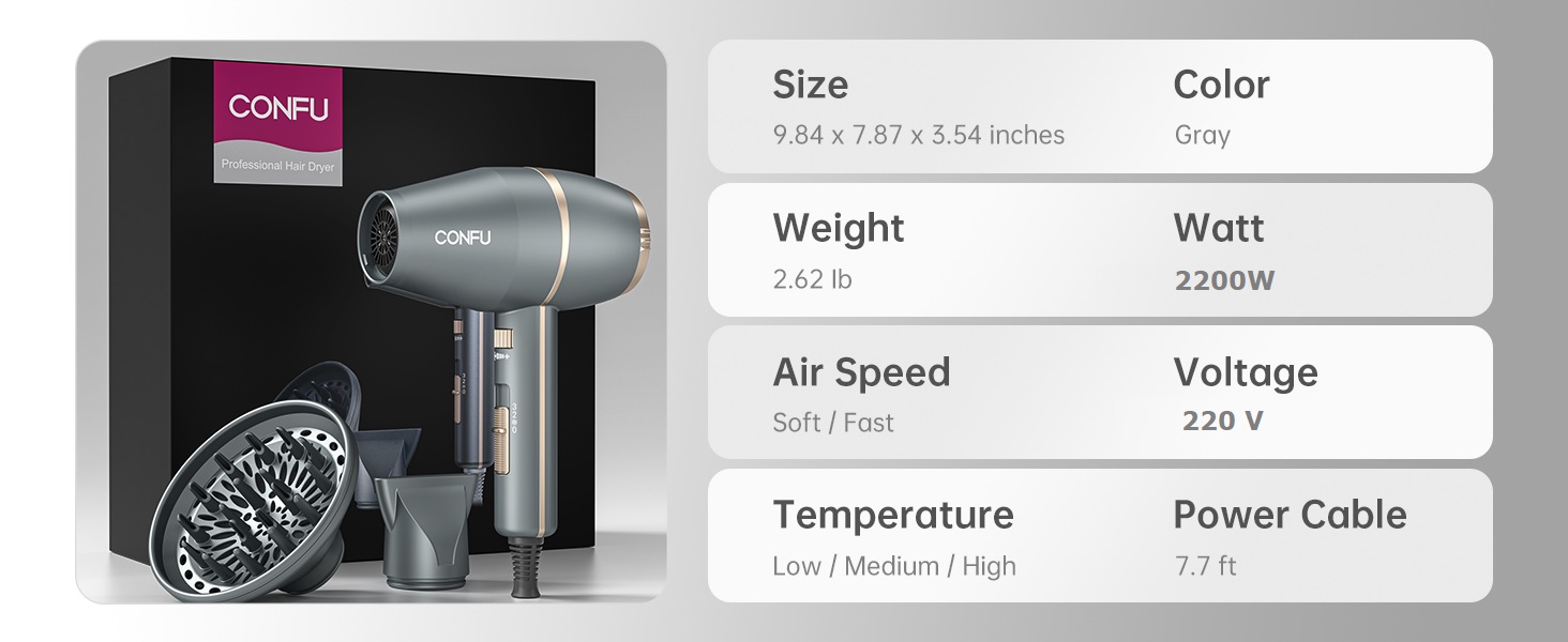 Фен CONFU з дифузором 2200 Вт Професійний фен Двигун змінного струму Швидке сушіння Потужна іонна технологія з насадками для укладання 3 температурні режими Сірий