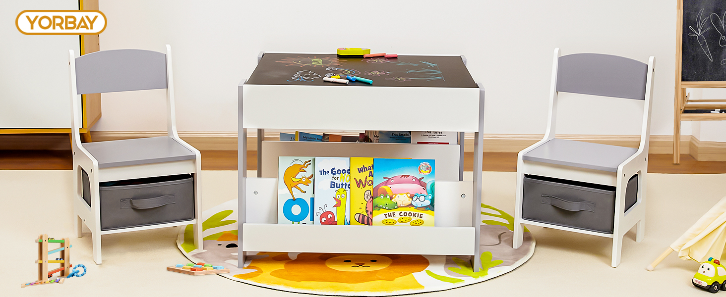 Дитячий стіл Yorbay з 2 стільцями: дерев'яний набір меблів для дітей з місцем для зберігання та полицями для книг, 3 в 1 – стіл для малювання, активностей та занять, для дитячої кімнати, ігрової кімнати, дошкільнят (сірий)