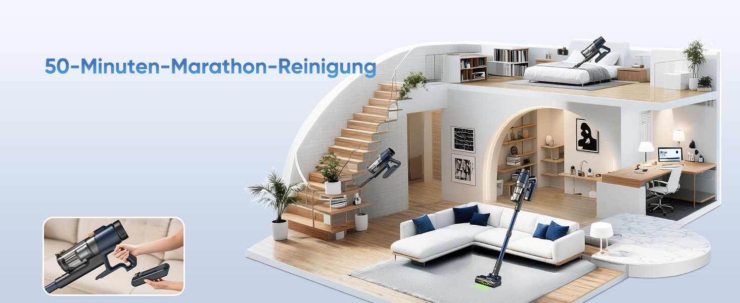 Акумуляторний пилосос Vexilar Leichter 50Kpa, 50хв, 450W, LED-дисплей, 6-в-1 для килимів, підлоги, шерсті тварин, авто, синій