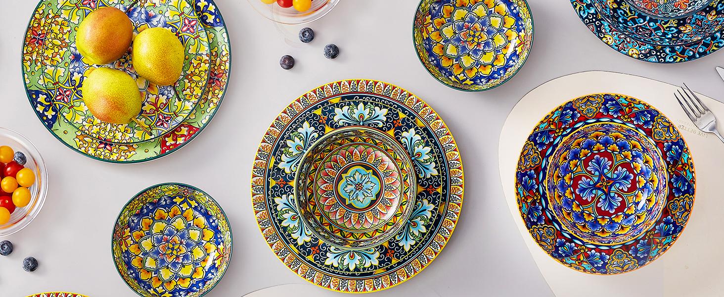 Сервіз столовий на 6 осіб SIMI 18tlg. Комбінований сервіз з порцеляни, 18 предметів. Богемський стиль, включає тарілки для їжі, десертні тарілки та миски.