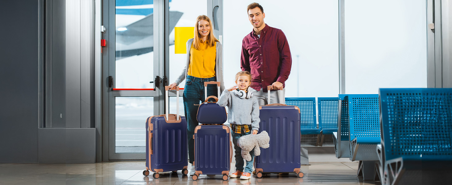 Набір валіз LALAHO 4 шт. з косметичними сумками, ABS, Navyblue (Синій, смужки)