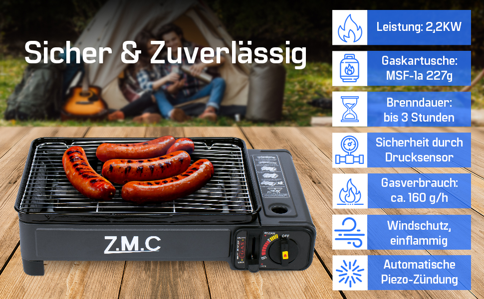 Z.M.C. 2-в-1 газовий набір для кемпінгу: плита та гриль з аксесуарами та кейсом. Газовий гриль та плита з пьезозапалюванням, 2.2kW, LPG-підключення