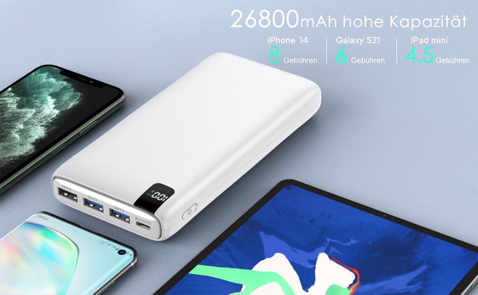 МАг, 4 порти, 22,5 Вт USB C, сумісний з iPhone, Samsung, Nintendo, MacBook (білий), 26800