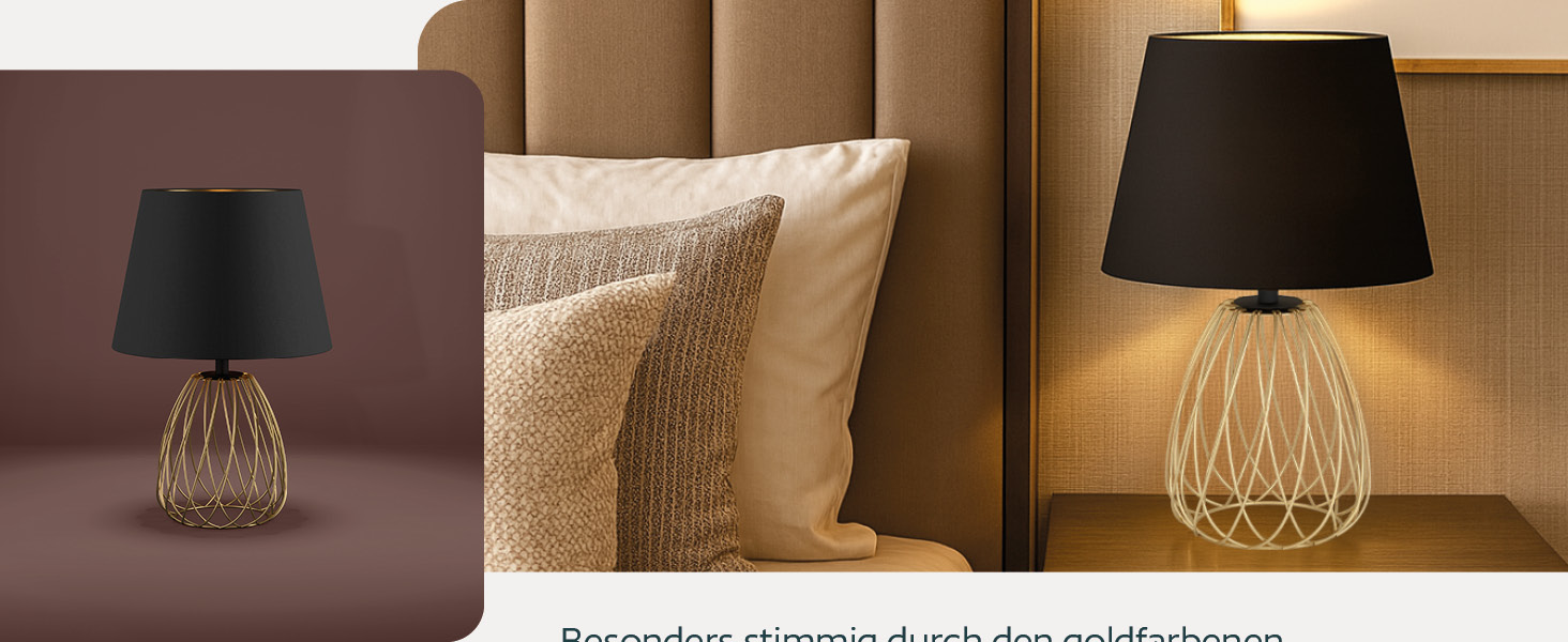 Торшер EGLO JAZMINIA – вінтажний торшер 45 см, чорний та латунь, тканинний абажур, ретро дизайн, метал, патрон E27, LED сумісний, вимикач на кабелі