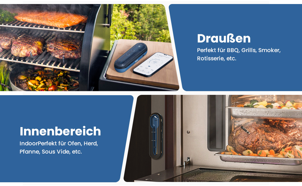 Бездротовий термометр для м'яса для гриля та копчення, 500FT, Bluetooth, для BBQ, духовки, гриля, коптильні, Sous Vide - блакитний
