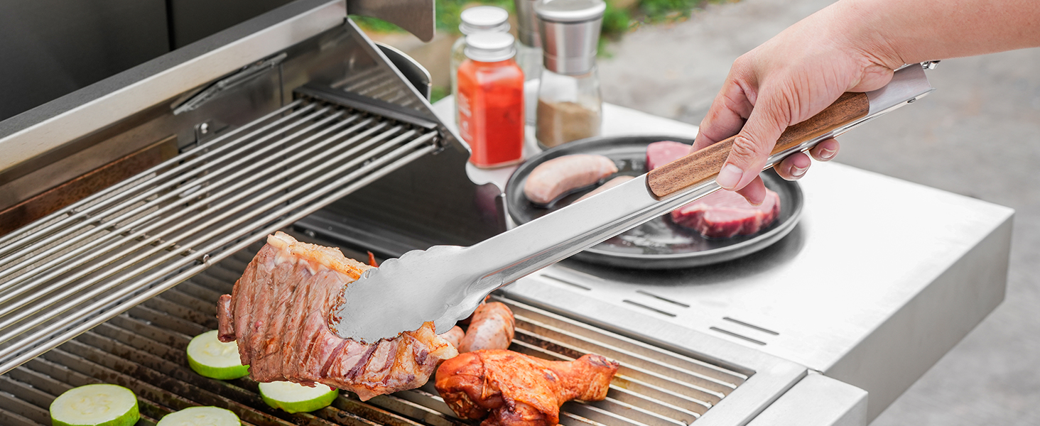 Набір гриль-посуду Onlyfire 4 шт. з нержавіючої сталі та акації (щипці, лопатка, виделка, щітка)