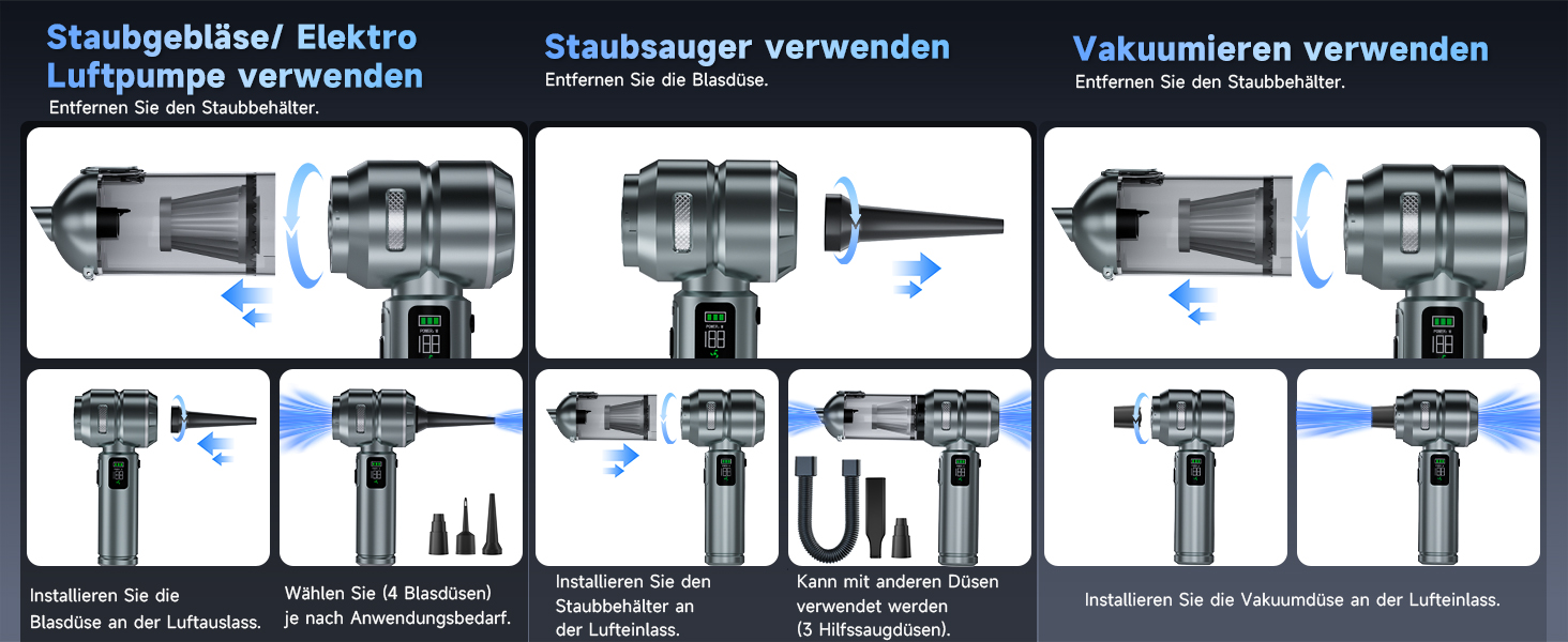 Акумуляторний ручний пилосос 24000Па для авто та дому, бездротовий міні-пилосос з функцією повітряного насоса та обдуву, 6000mAh, сріблясто-фіолетовий